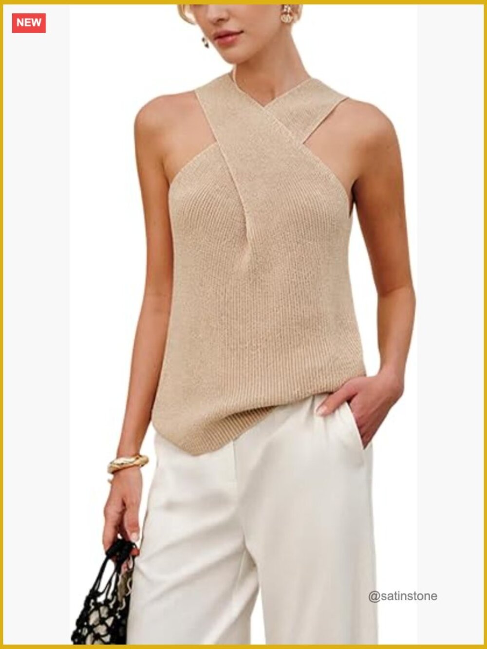 Women Halter Cross Over Collar Tank Knit Sleeveless Top Solid Casual Summer